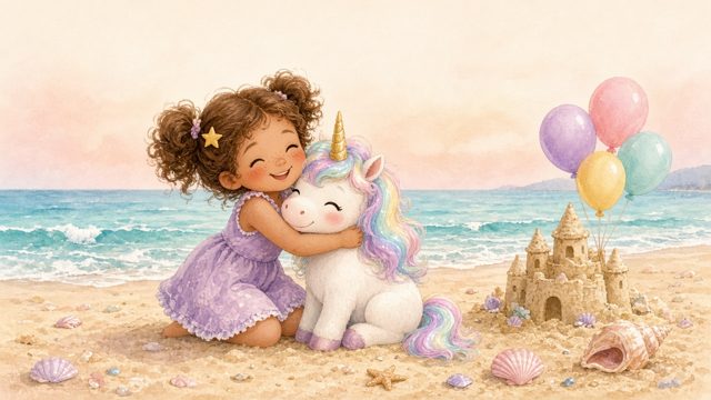 Watercolor illustration of a smiling girl with curly hair hugging a white unicorn on a sunny beach with balloons and a sandcastle